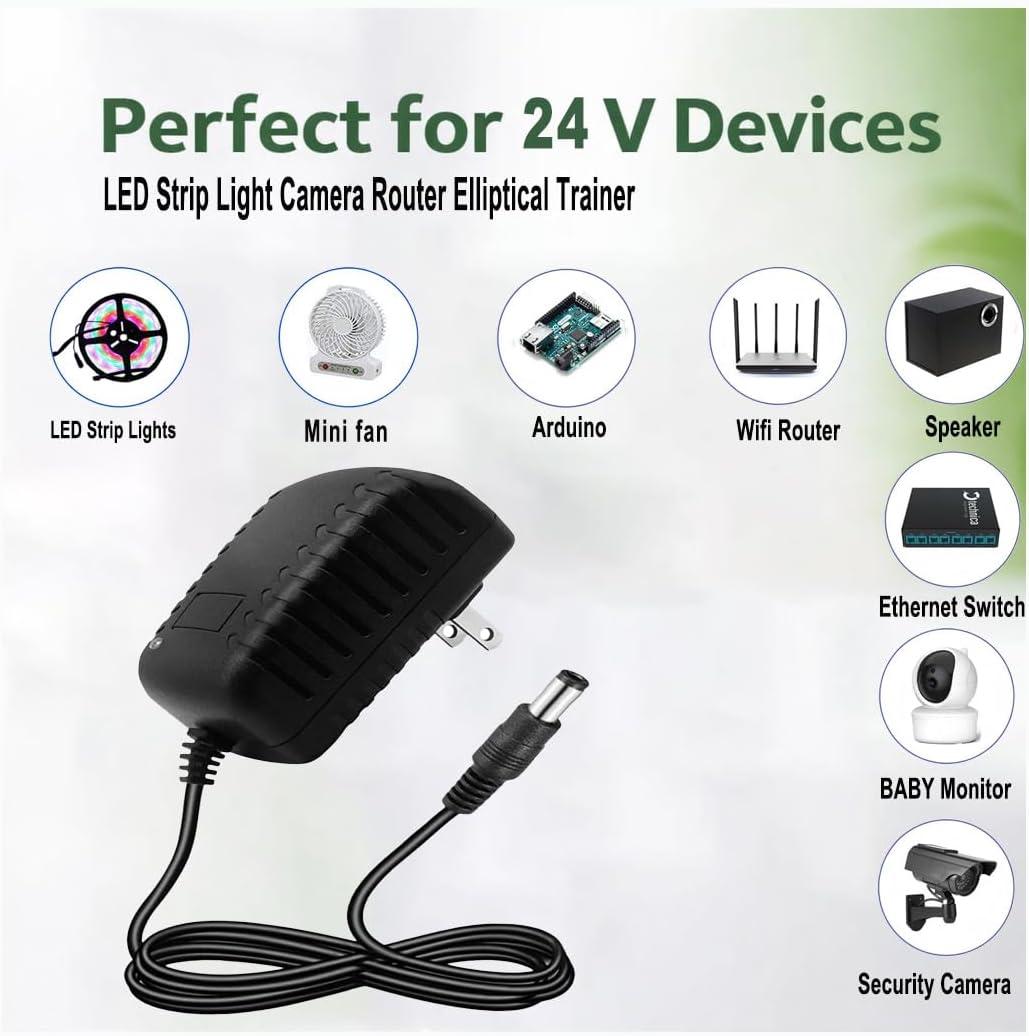 24V 1A Power Supply, Universal 100-240V AC-DC Power Adapter | Comes with 5.5x2.5/2.1mm DC plug, stable 24V power output for LED strip lights and CCTV cameras.