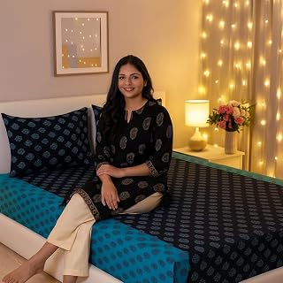 Swayam Pure Cotton Double Bedsheet with 2 Pillow Covers | Size 90 x 108 inch | 200 TC | Ethnic Motifs Design | Soft Breathable Bed Sheet | Comfortable & Durable for Bedroom - Blue