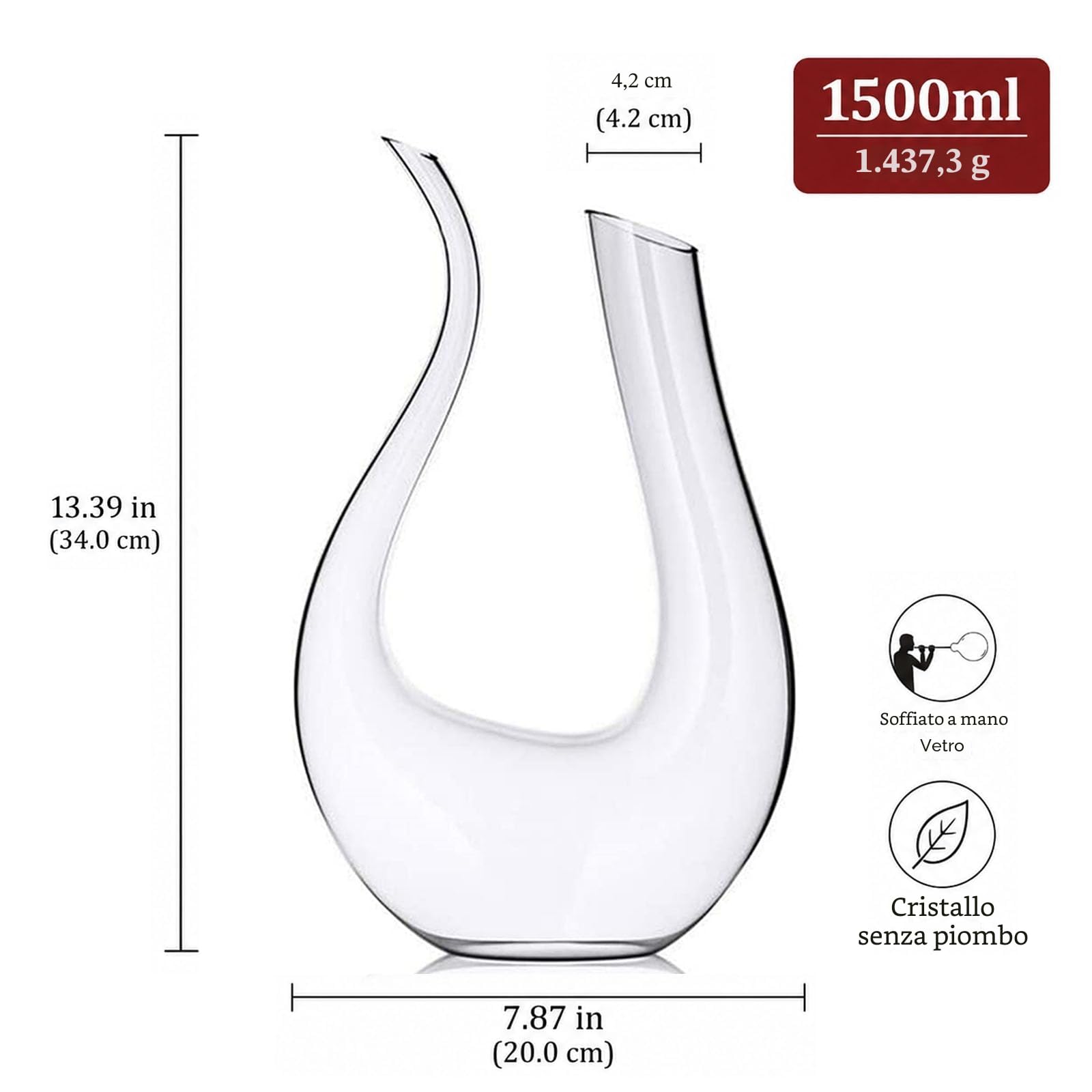 Decanter per vino in cristallo a forma di U, 100% privo di piombo, caraffa per vino rosso soffiata a mano, capacità 1,5 L