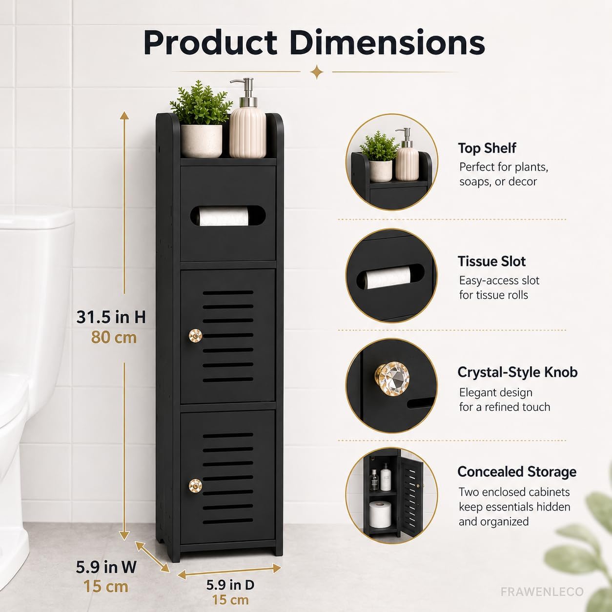 Toilet Paper Holder Stand, Small Bathroom Storage Cabinet with Doors and Toilet Paper Storage, Slim Floor Standing Shelf for Small Spaces,Toilet Storage Cabinet for Bathroom,Black