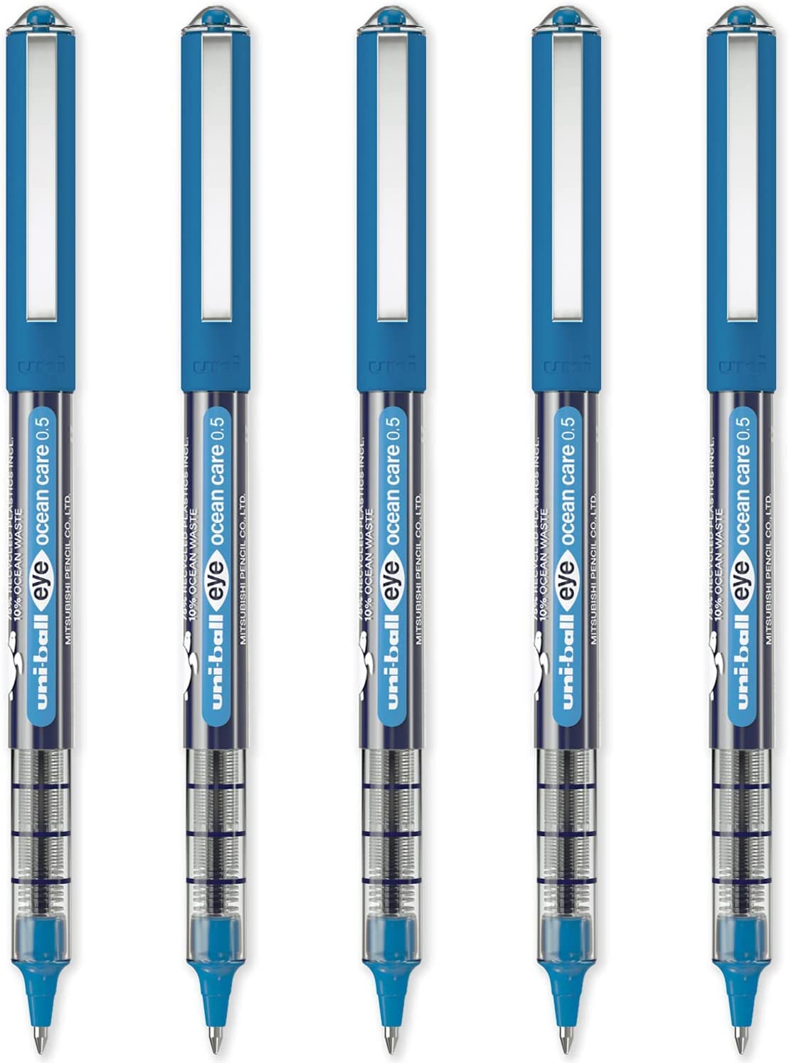 Uni-ball Eye Ocean Care UB-150ROP Bolígrafos, 0,5 mm, escritura supersuave, dibujo, arte, manualidades y colorear, paquete de 5 de tinta azul