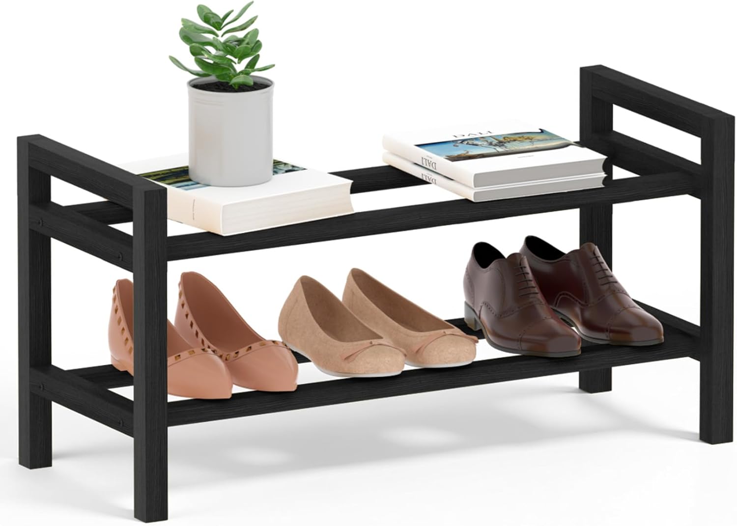 Haddockway Bamboo Shoe Rack for Closet, Free Standing Shoe Organizer with Smooth Round Rods & Convenient Handles, Stackable Shoe Storage Shelf for Entryway, Hallway(Black, 2-Tier(Small))