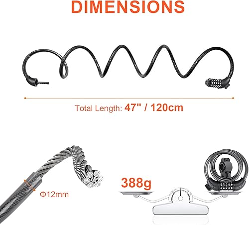 Miniatura 2 de GRIFEMA GAK1203-12 - Candado antirrobo para bicicleta, bloqueo de cable de seguridad con combinación de 5 dígitos para bicicletas, motocicletas,