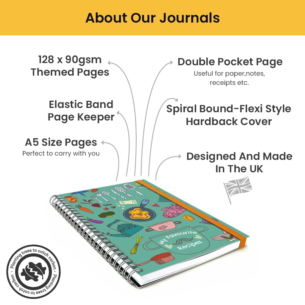 Recipe Journal Notebook- Blank Recipe Cookbook write your own recipes and organise your recipe collection. A5 Spiral Bound,128 Ruled Pages and Elastic Page Divider. Cooking Themed cover design - Image 4