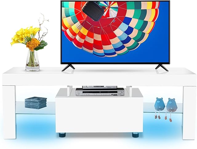 TV Unit, White Gloss TV Units with Led Lights & Remote, Modern TV Stand Cabinet with Storage Drawer, TV Entertainment Unit for Living Room Furniture Decor, 51.18 x 13.78 x 17.72in