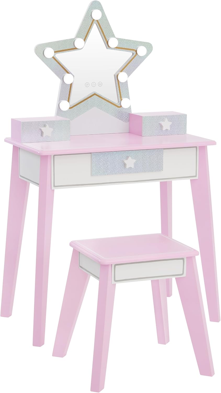 Teamson Kids Star Vanity Set with LED Lights for Girls, Pink 2-Piece Kids Makeup Table with Mirror, 3 Storage Drawers & Matching Stool for Bedroom or Playroom, Ages 3+ Safe