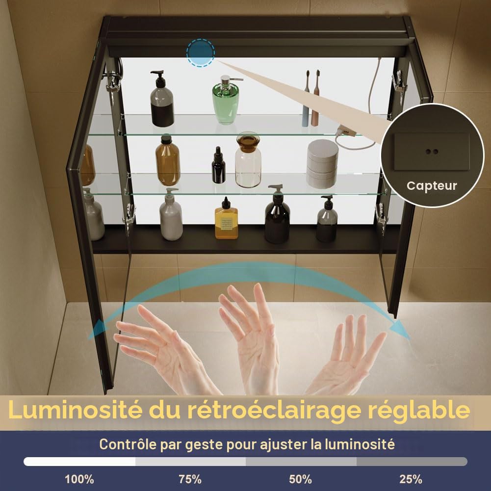 KWW LED éclairage Salle de Bains Armoire à Pharmacie avec Miroir, Température de Couleur réGlable, Anti - Buée, Prise et USB, Armoire à Pharmacie (Luminescence intérieure-2 portes-75×70)