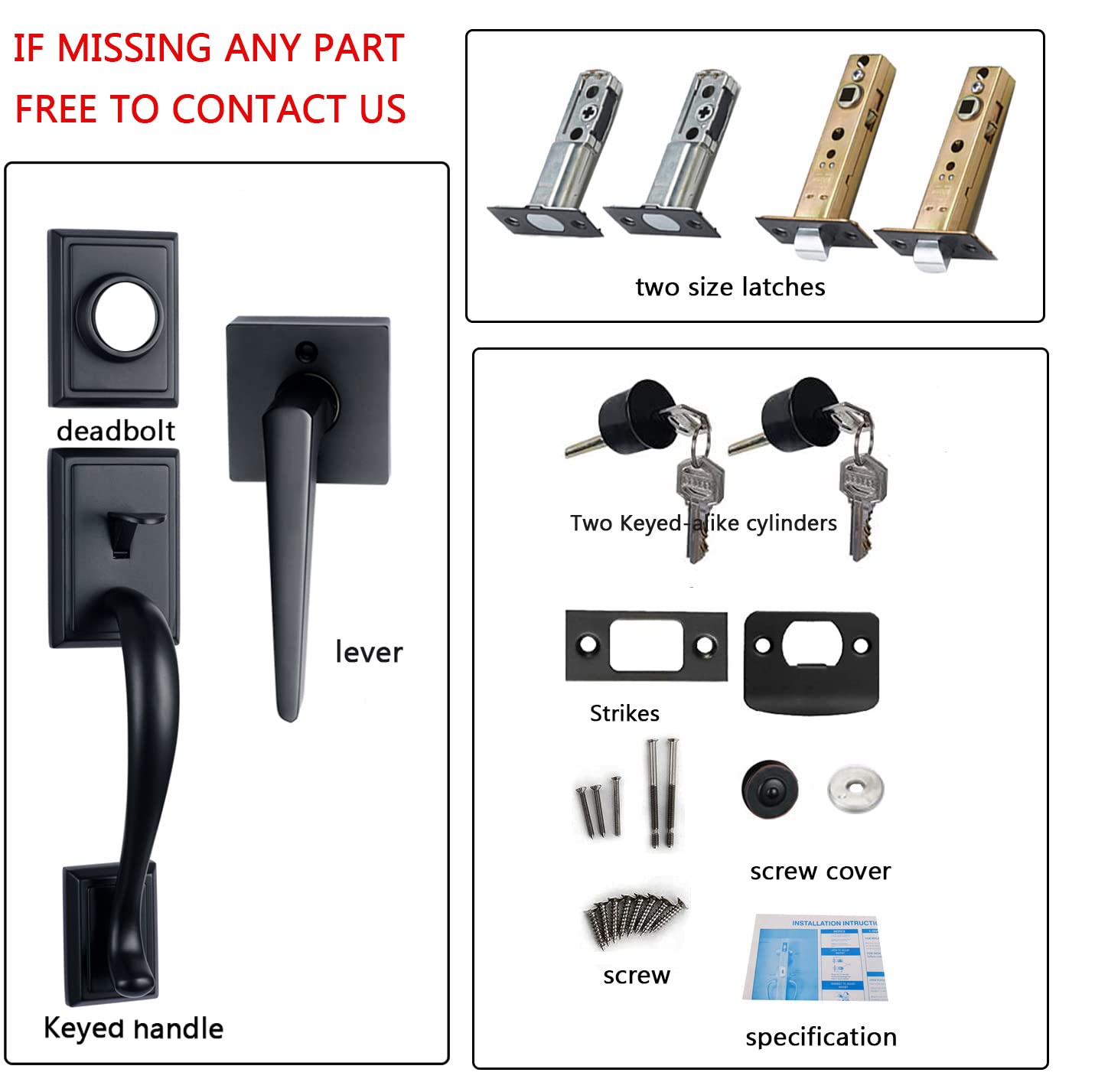 Matte Black Keyed Entry HandleSet -Front Door Entrance Handle and Deadbolt Lock Set Square Single Cylinder Deadbolt Heavy Duty (Entrance Keyed Lockset) feating Key-Alike Function