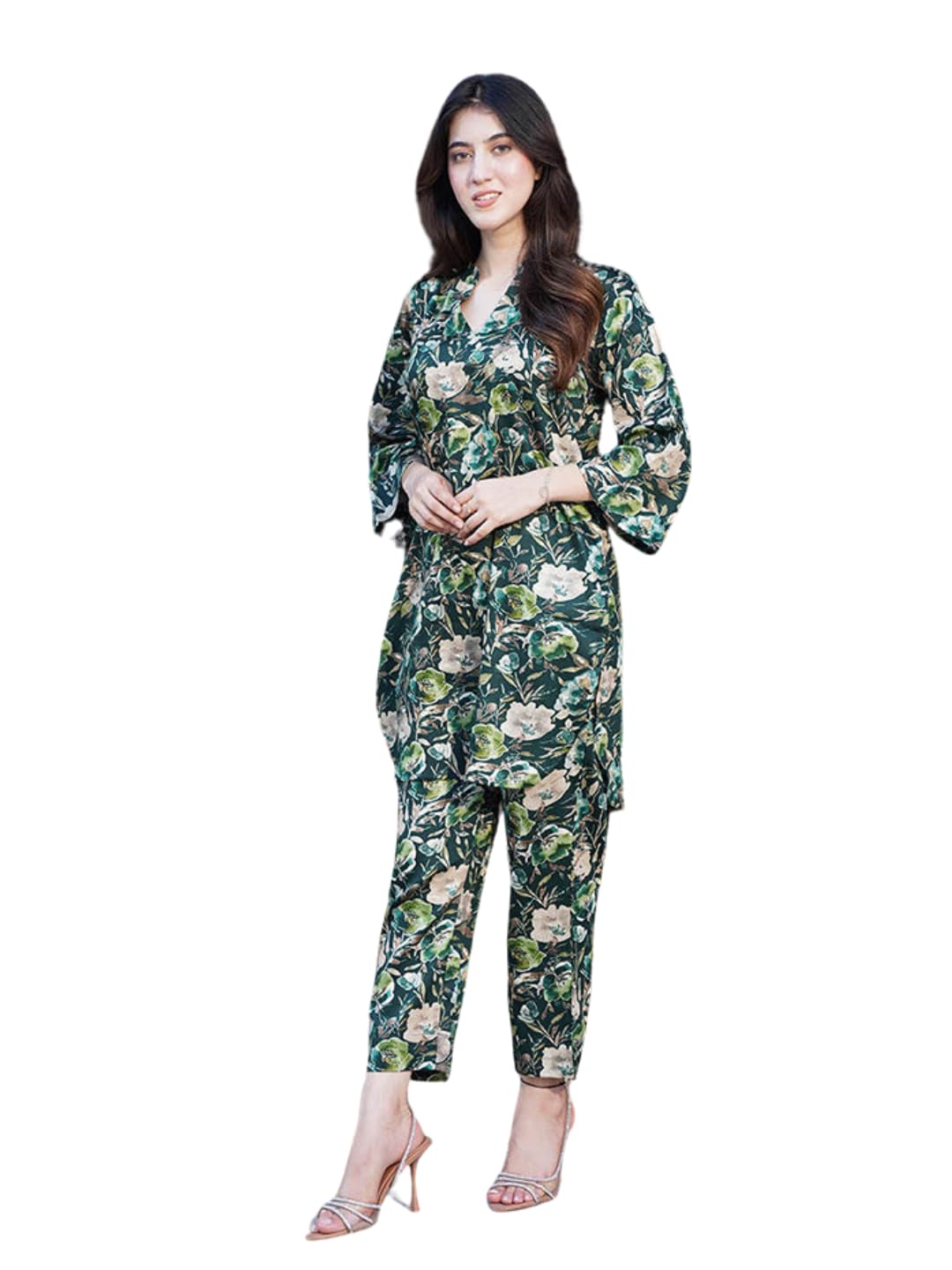 Nainvish Women's Green Printed Straight Rayon Blend V-Neck Co-Ord Set (Sd726_Kb-Xl_Green)