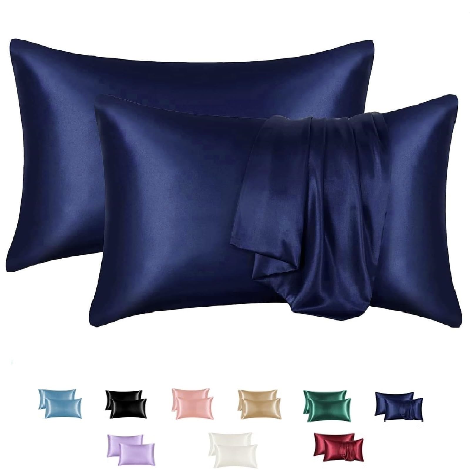Silk Pillowcase-Satin Pillowcase Set of 2 Multicolor US King Queen Size Silk Pillow Cases for Hair and Skin Satin Pillow Covers 2 Pack Envelope Closure (Standard, Navy Blue)