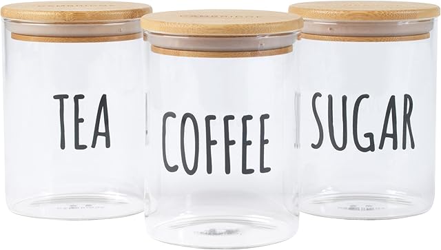 CAMBRIDGE CM07639EU7 3 Piece Glass Storage Jars Set, Tea Coffee Sugar Canisters, Kitchen Container with Bamboo Seal Wooden Lid, Decorative Caddy, Reusable, 650 ml Capacity