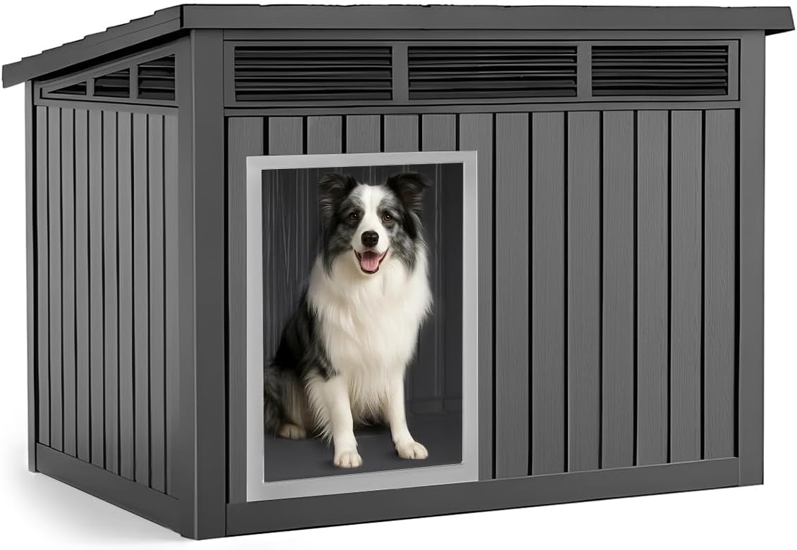 VIXZEN Dog House for Indoor and Outdoor Weatherproof Doghouse with Air Vents Elevated Floor Openable at The Top Easy to Assemble and Clean for Medium to Large (Black, (32.2"×25.12"×24.13"))