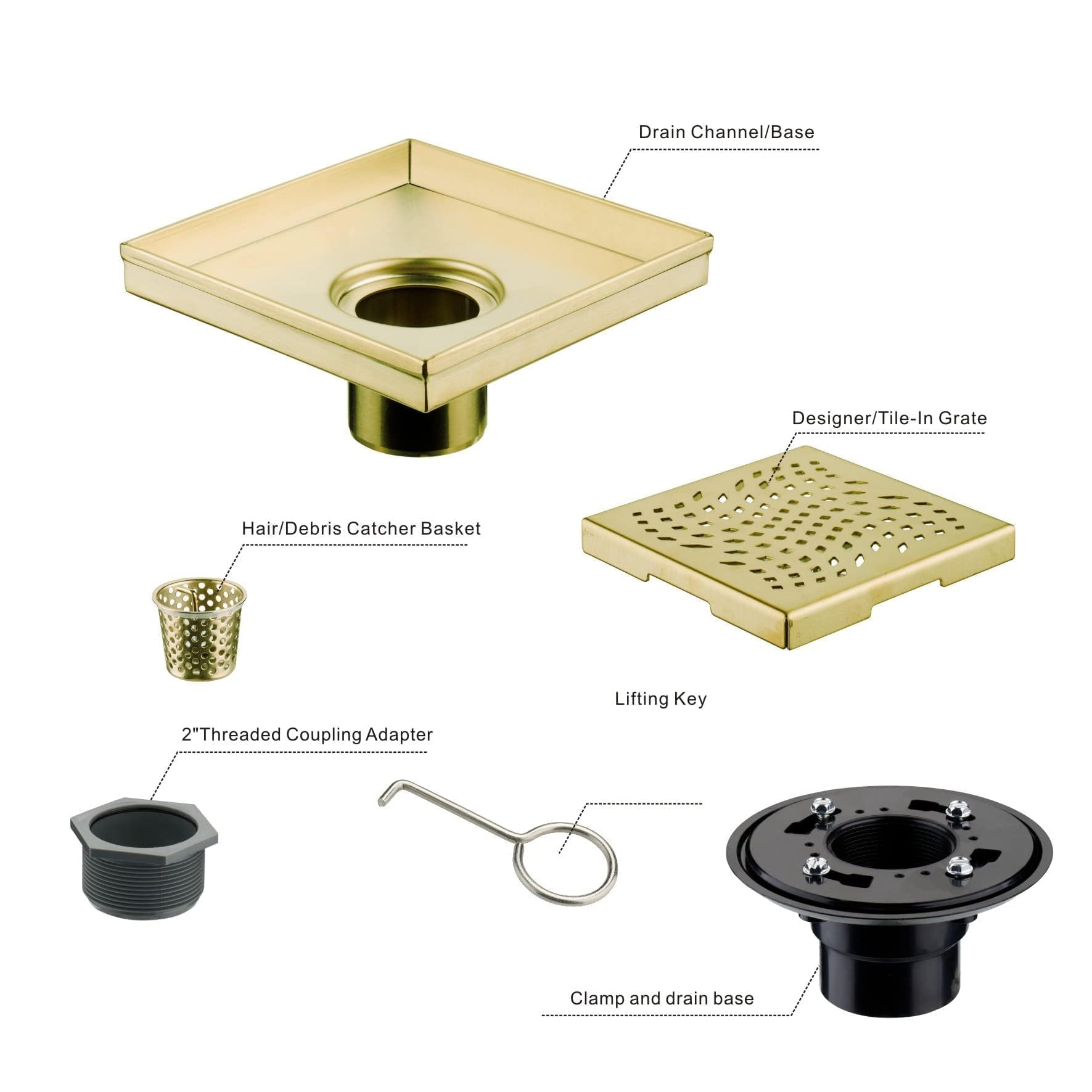 Muschbath 6 Inch Square Shower Drain In Brushed Gold – 304 Stainless Steel, Fast Drainage, Easy To Clean