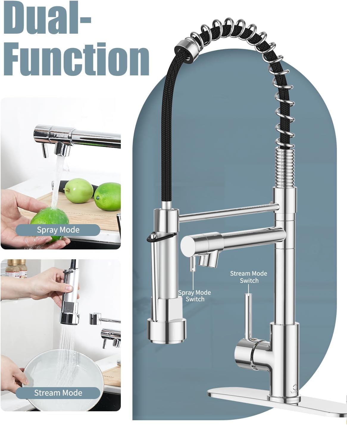 Kitchen Faucet with Soap Dispenser, Kitchen Faucet with Deck Plate and Dual Function Spray Head, Chrome Faucet for Camper Farmhouse RV Kitchen Sink, Single Handle Stainless Steel Sink Faucet