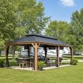 PURPLE LEAF 12' X 24' Outdoor Hardtop Gazebo for Patio Galvanized Steel Double Roof Permanent Canopy Teak Finish Coated Aluminum Frame Pavilion Gazebo with Netting