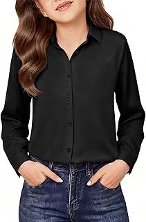 ZDC Girls Satin Silk Button Down Shirts Kids Long Sleeve Dress Shirts School Uniform Blouse 5-14 Years