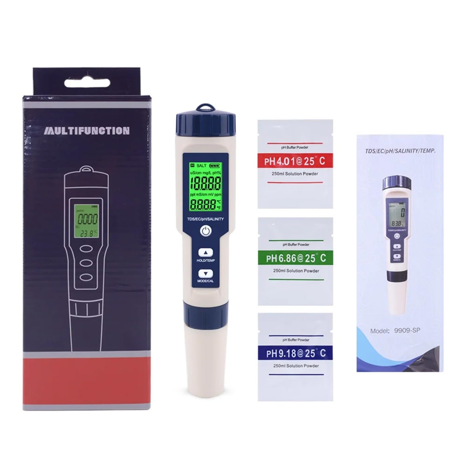 Miernik pH, 5 w 1 TDS EC PH miernik temperatury zasolenia cyfrowy Monitor jakości wody Tester dla basenów spa akwariów do uprawy w pomieszczeniach i na zewnątrz(EZ-9909)