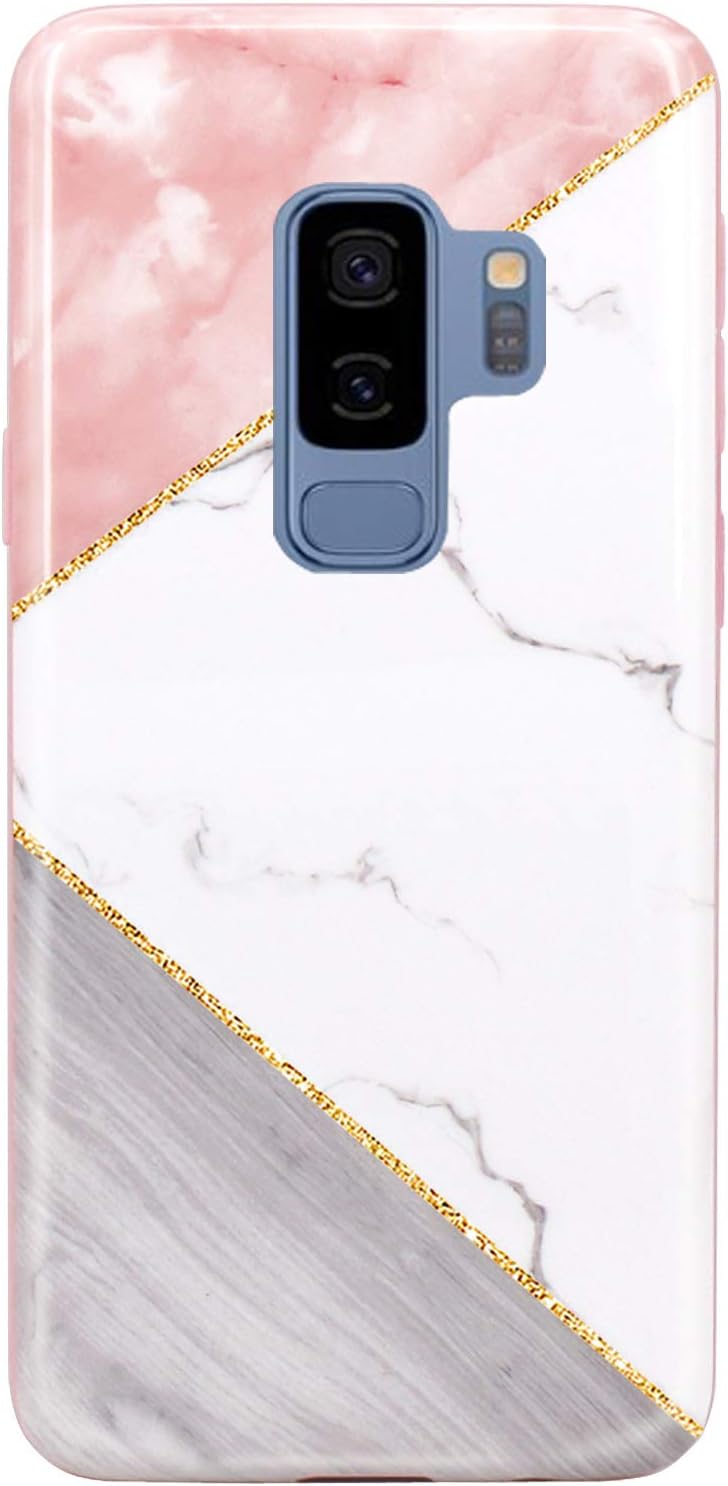 JAHOLAN Galaxy S9 Plus Case Pink Geometric White Marble Design Slim Flexible Clear Bumper TPU Soft Case Rubber Silicone Skin Cover for Samsung Galaxy S9 Plus / S9+