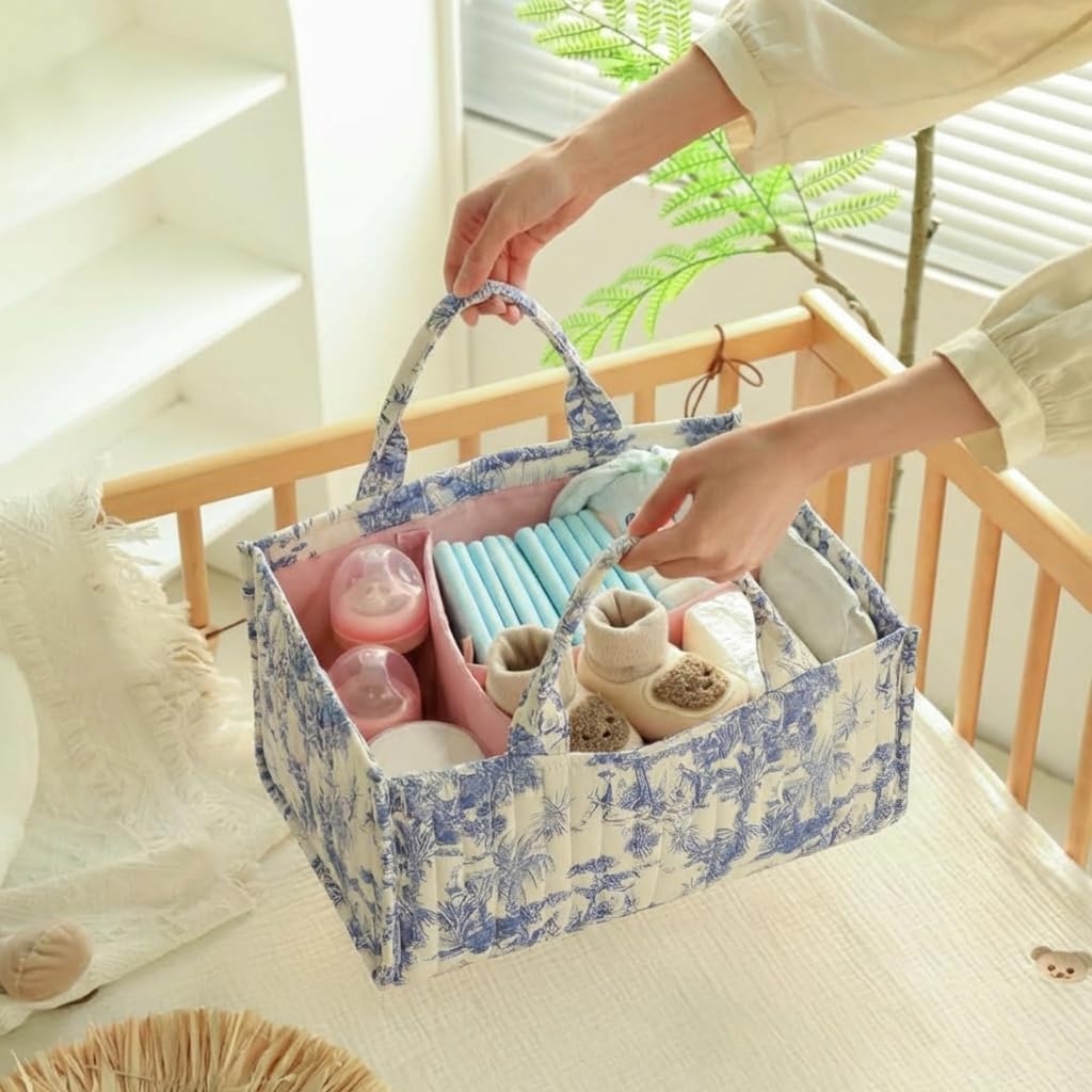 Starnearby Panier de Rangement Bébé en Tissu Matelassé, Panier à Couches pour Bébé à Motif Floral, Rangement pour Couche et Lingette, Organiseur de Couches pour Table à Langer, Voiture (Fleurs bleues)