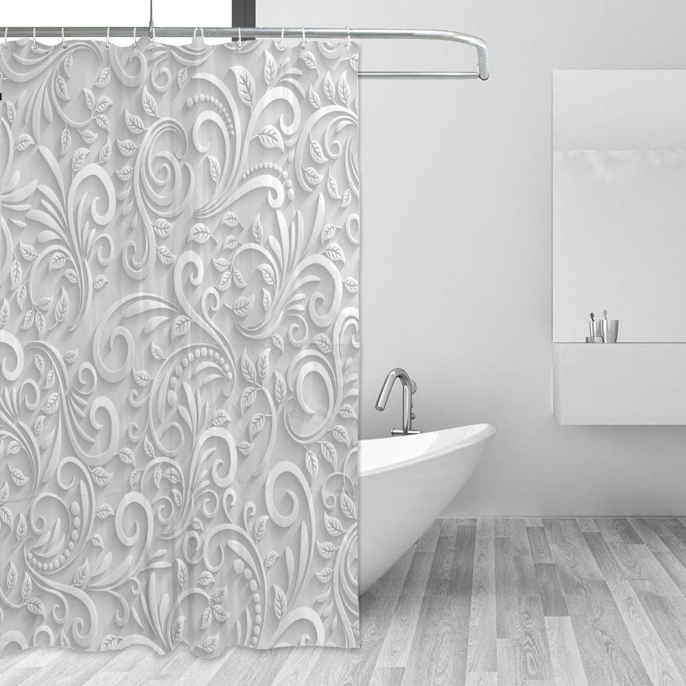 Rideau de douche imperméable tissu polyester motif rotin blanc
