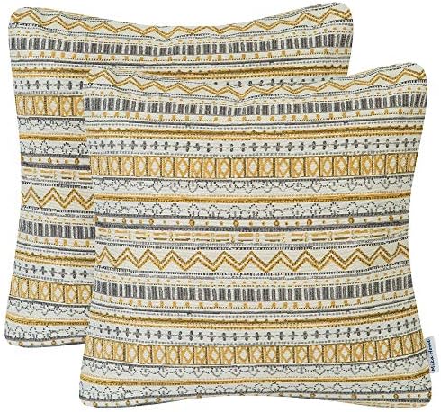 Mika Home Pack of 2 Throw Pillow Covers Decorative Pillow Cases for Sofa Couch Bed, Bohemian Striped Geometric Pattern, 20x20 Inches, Gold Grey Cream