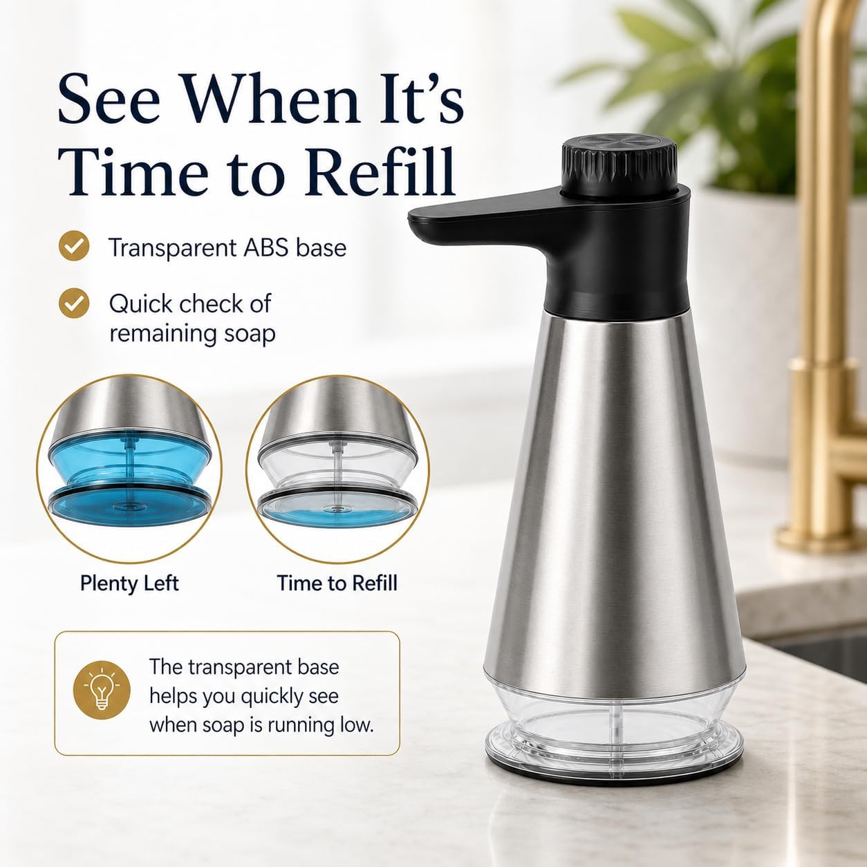Dish Soap Dispenser for Kitchen,304 Stainless Steel Hand Soap Dispenser with Adjustable Output,Refillable Soap Pump with Clear Refill Base, Leak Resistant, Rust Resistant, Non-Slip