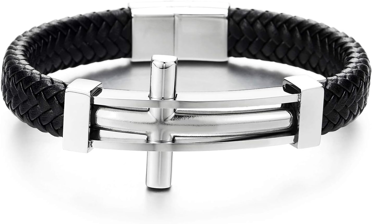 COOLSTEELANDBEYOND Mens Steel Horizontal Sideway Lateral Cross ID Identification Black Braided Leather Bangle Bracelet