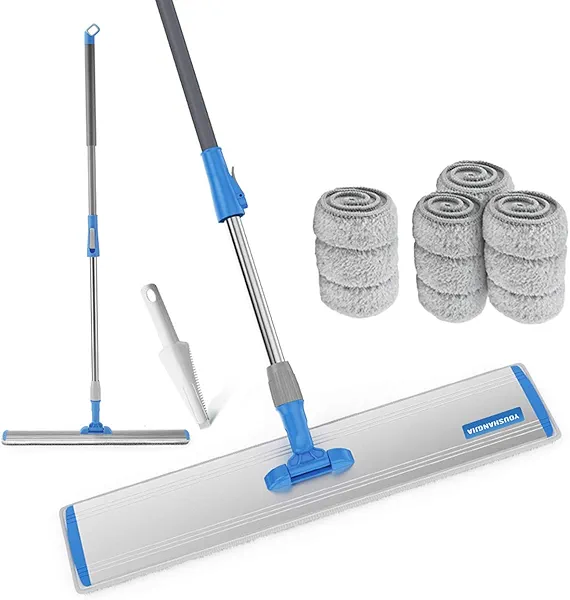 Microfiber Wet Mops 24 in Heavy Duty Flat Floor Mop Adjustable Handle with 4 Washable Mop Clothes