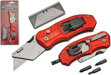 SZCO Supplies Multifunction Utility Cutter - 6.5 Red Aluminum Box Cutter with Screwdriver Bits, Extra Blades, Pocket Clip, and Anti-Slip Grip