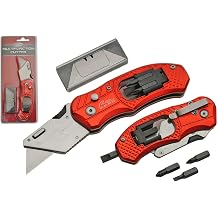 SZCO Supplies Multifunction Utility Cutter - 6.5" Red Aluminum Box Cutter with Screwdriver Bits, Extra Blades, Pocket Clip, and Anti-Slip Grip