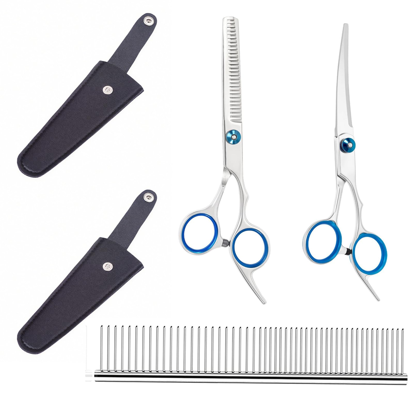 Dog Grooming Scissors Set, with Safety Round Tips Stainless Steel Dog Grooming Kit, Equipped with Cutting Scissors and Thinning Scissors, Pet Grooming Scissors Suitable for Dogs, Cats