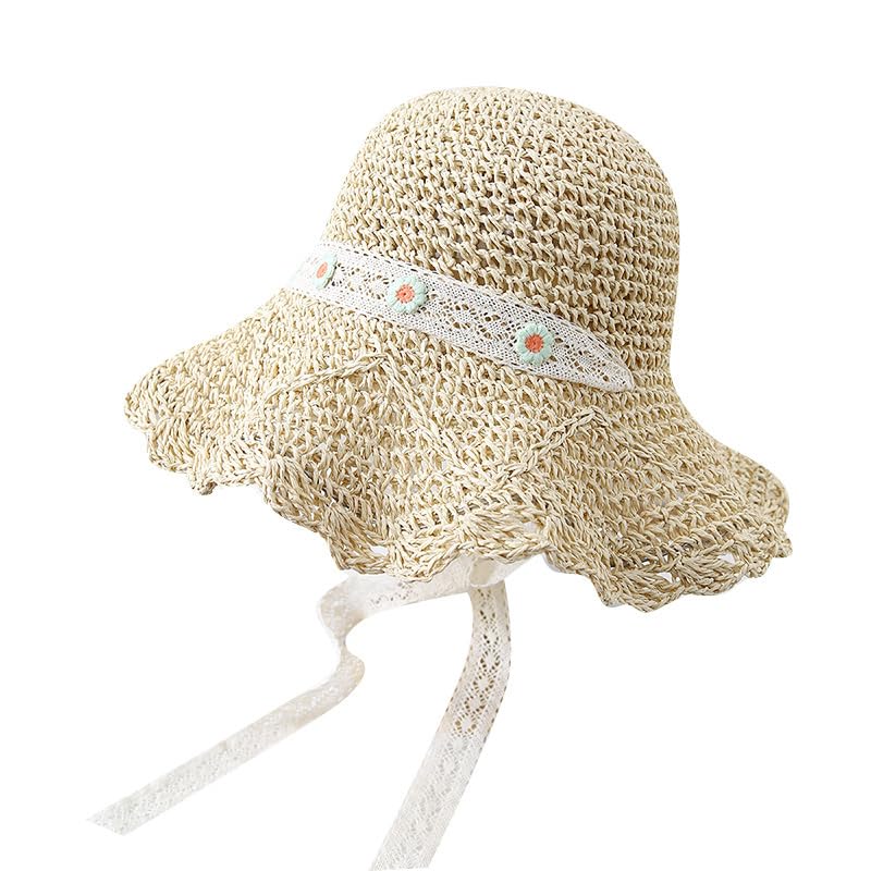 Sombrero de Verano para Mujer,con Protección UV,ala Ancha de Paja,con Encaje y Decoración Floral,Plegable,Flexible,Transpirable,para Playa,para Exteriores,Vacaciones y Viajes