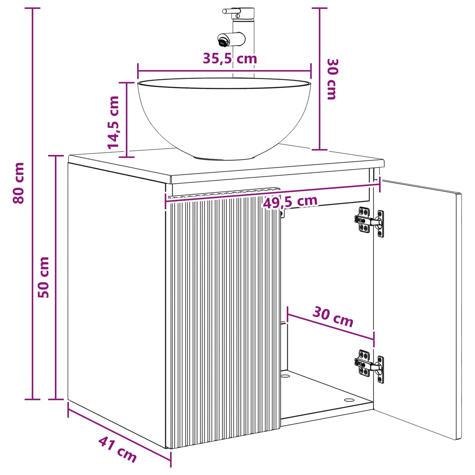 Lavabo da parete in rovere Artisan con lavandino, 49,5 x 41 x 64,5 cm, mobile da bagno in legno con vano portaoggetti e facile montaggio, per ospiti WC e bagno