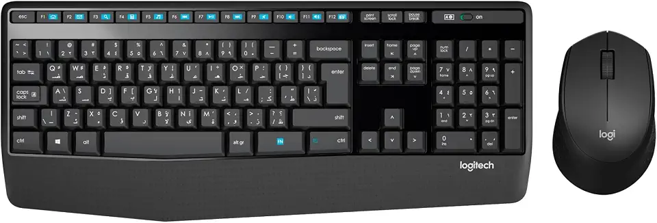 Logitech MK345 Wireless Keyboard and Mouse Combo, Full-Sized Keyboard with Palm Rest, Right-Handed Mouse, 2.4 GHz Wireless USB Receiver, Compatible with PC, laptop, Arabic Layout - Black