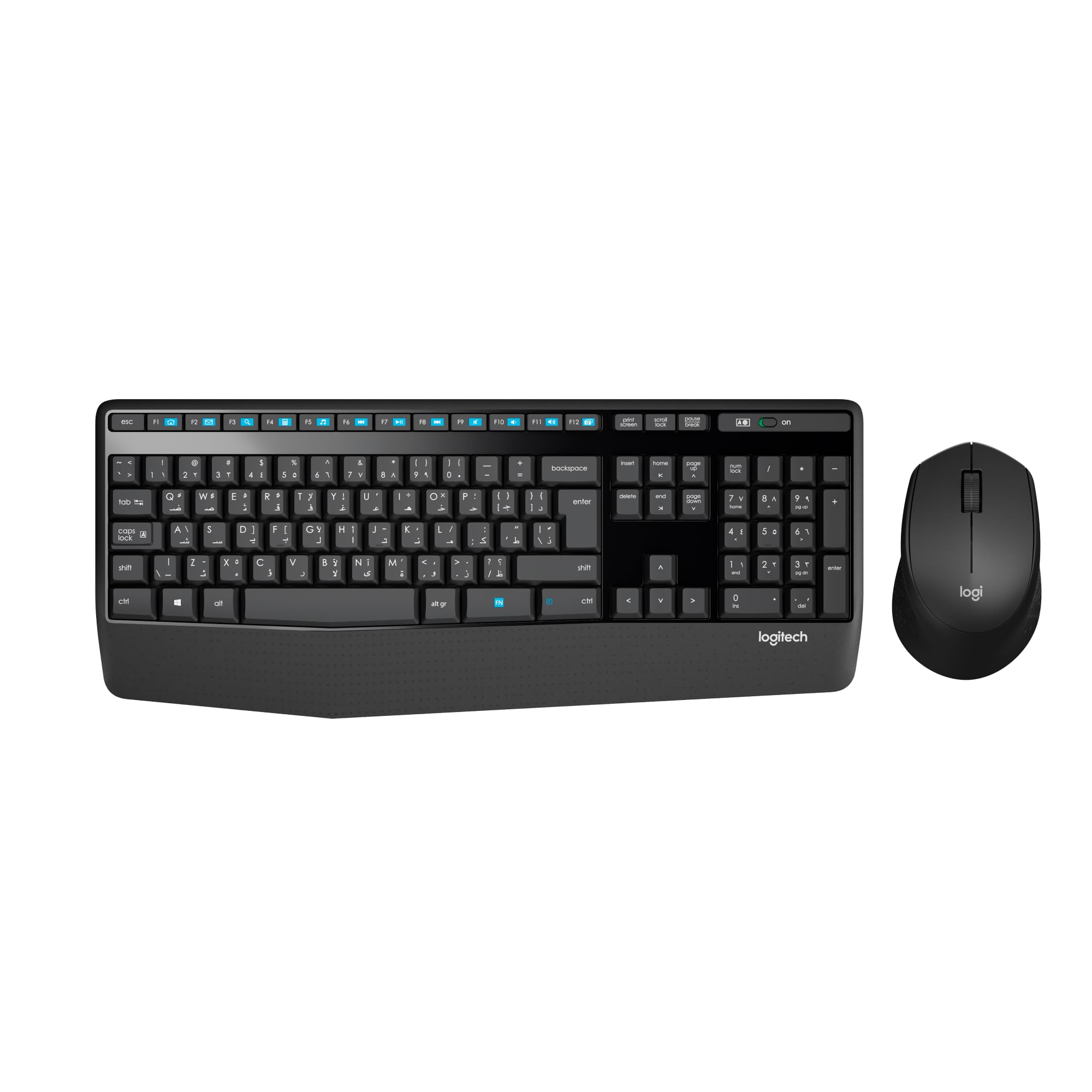 Logitech MK345 Wireless Keyboard and Mouse Combo, Full-Sized Keyboard with Palm Rest, Right-Handed Mouse, 2.4 GHz Wireless USB Receiver, Compatible with PC, laptop, Arabic Layout - Black