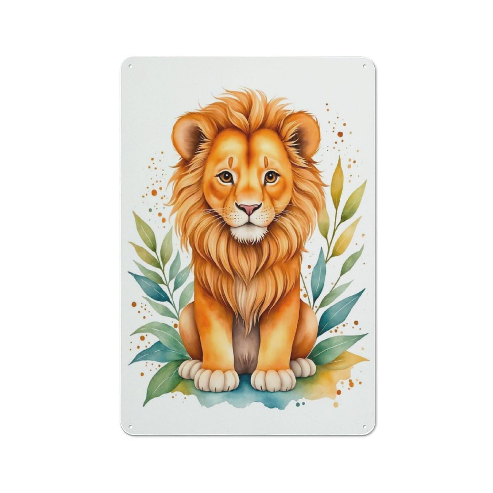 Cute Lion Watercolor Workshop Style Metal Wall Decor 30x20cm, Decorative Metal Plaque for Garage, Workshop, Shed Or Utility Room