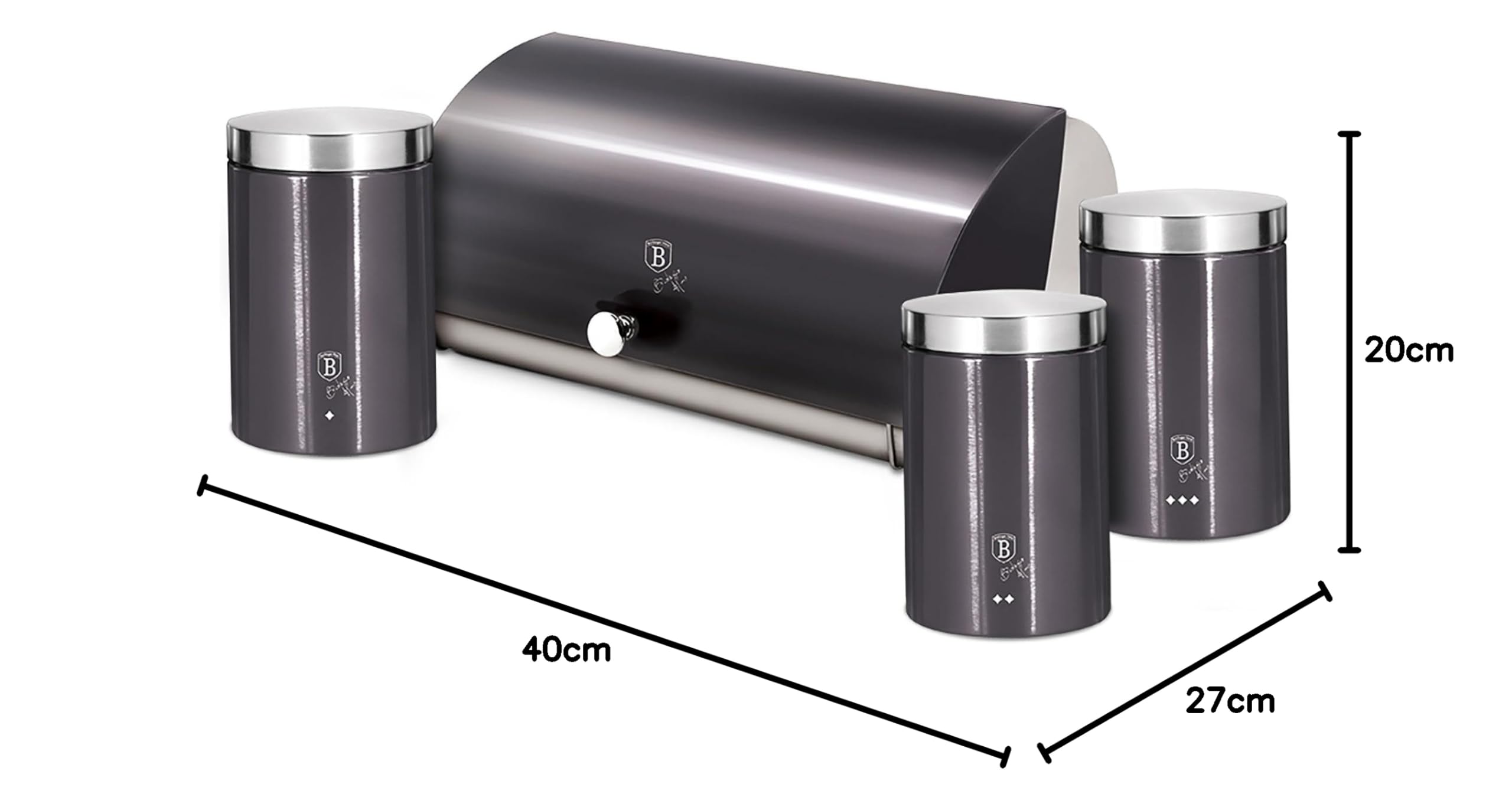 Berlinger Haus Carbon Pro Set Bochenek stołowy + zestaw 3 łodzi kuchennych do przechowywania, stal nierdzewna, pojemnik do przechowywania chleba i ciastek, pokrywka przesuwna, Bread Box, Szary/Inox