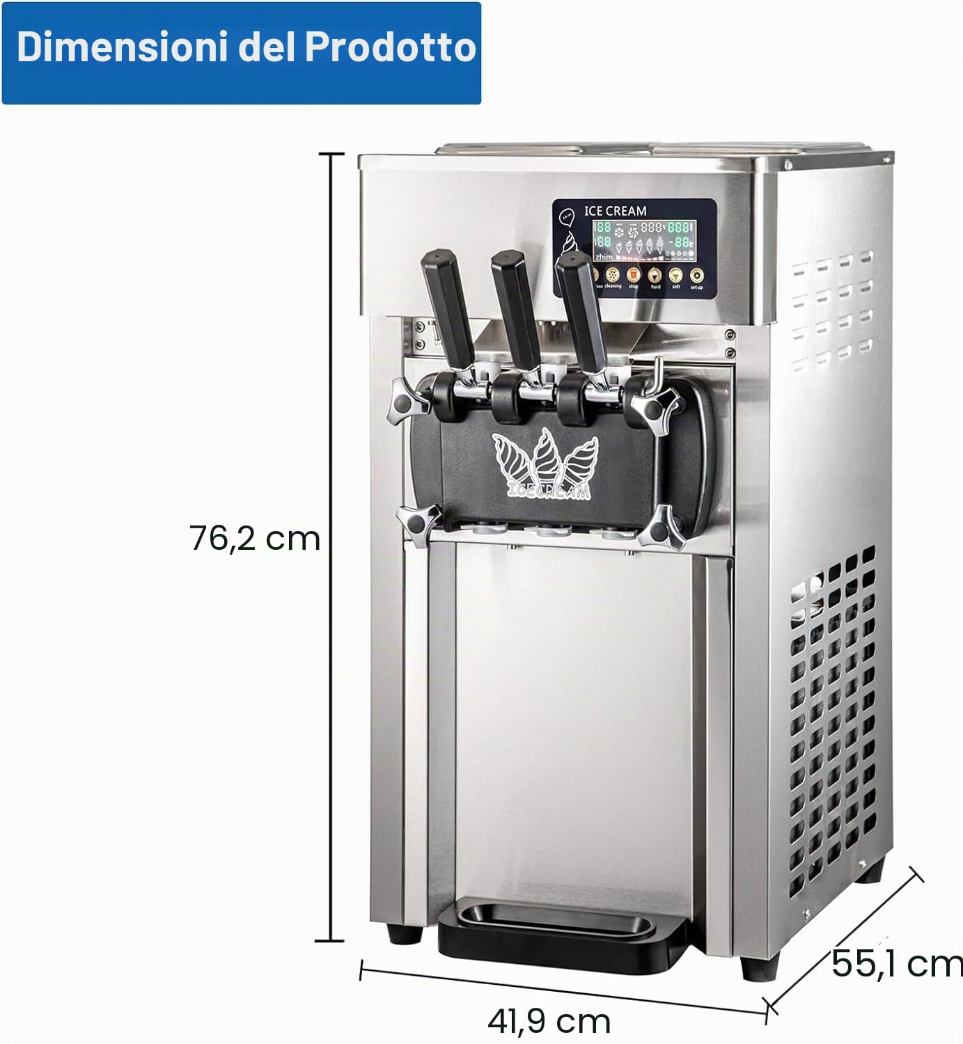 Macchina per Gelato Commerciale 18L/H 3 Sapori, 1200W macchina gelato soft professionale, Pannello LCD, Pre-Raffreddamento Pulizia Automatica, per Yogurt Caffè Snack-Bar Ristorante