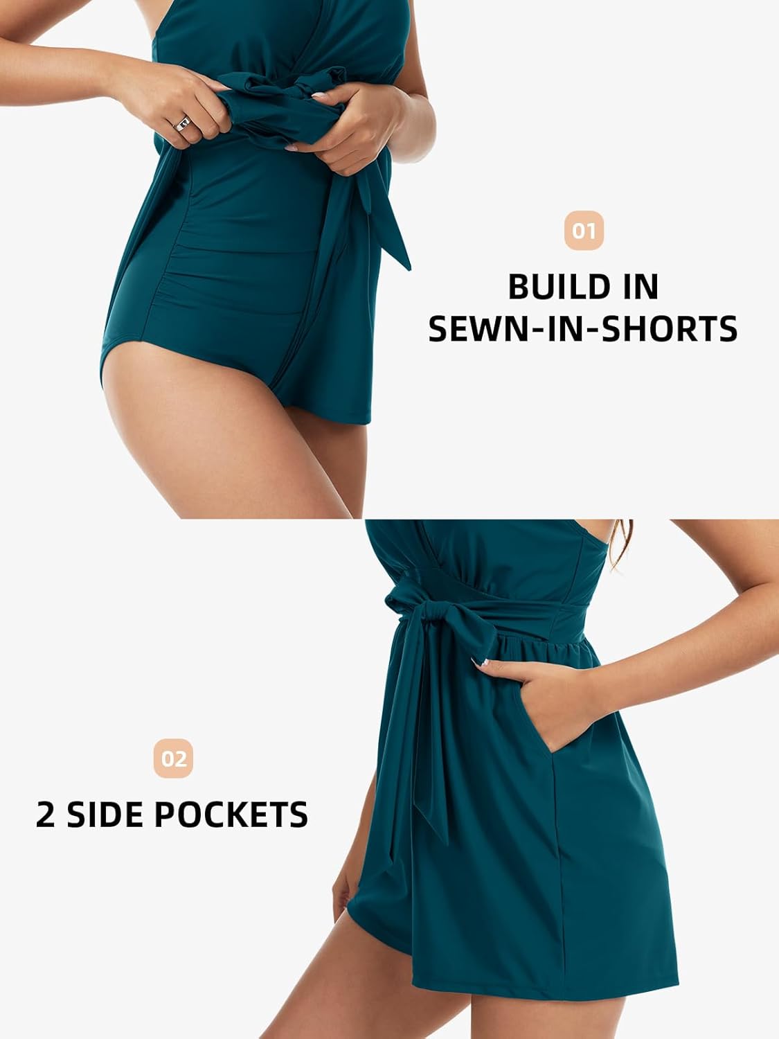Swim Romper for Women Built in Bra Tummy Control Swimsuit with Shorts Full Coverage Bathing Suit with Pockets
