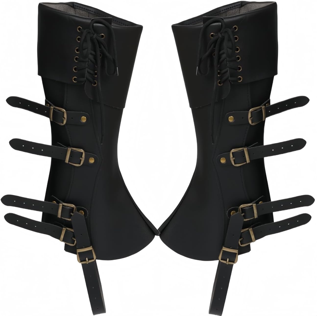 Medieval knight combat boot cover, knee high, with multiple buttons and straps, used for historical reenactment LARP