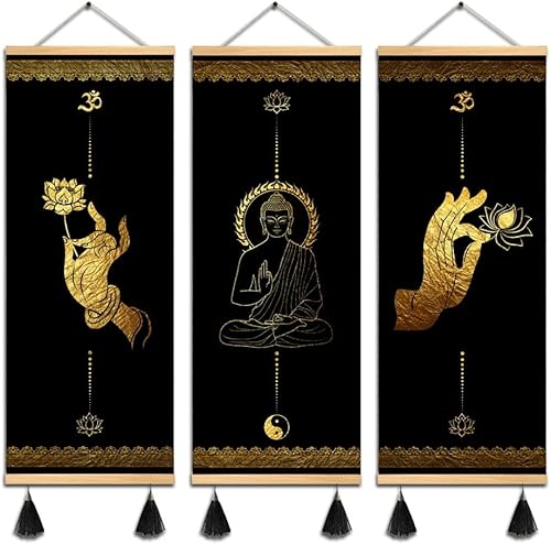 MBOUFOEY 3 piezas de arte budismo zen gestos de mano de Buda, arte de pared de lienzo dorado y negro, póster de impresión de yoga, marco de madera