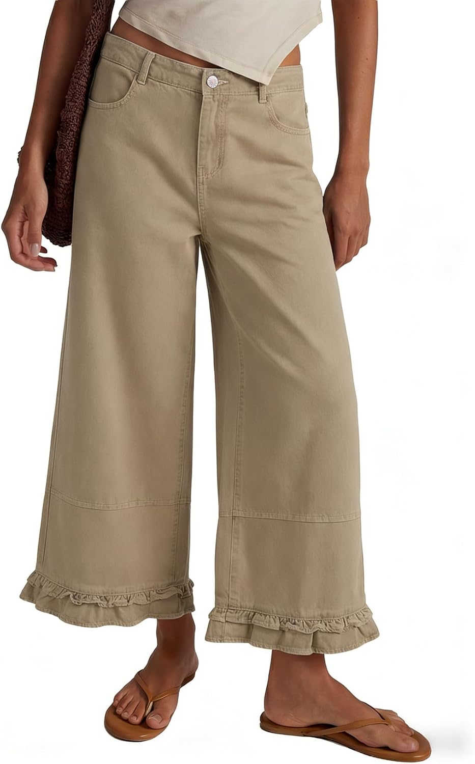 EVALESS Womens Wide Leg Jeans 2026 Trendy Mid-Rise Cropped Baggy Jeans Loose Fit Cute Ruffle Hem Trouser Denim Pants