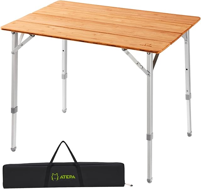 ATEPA Folding Bamboo Table 4 Folded Picnic Table Adjustable Height Anti-UV Coated Aluminum Alloy Legs Lightweight with Carry Bag for Camping Garden Outdoor Table 2-4 Person