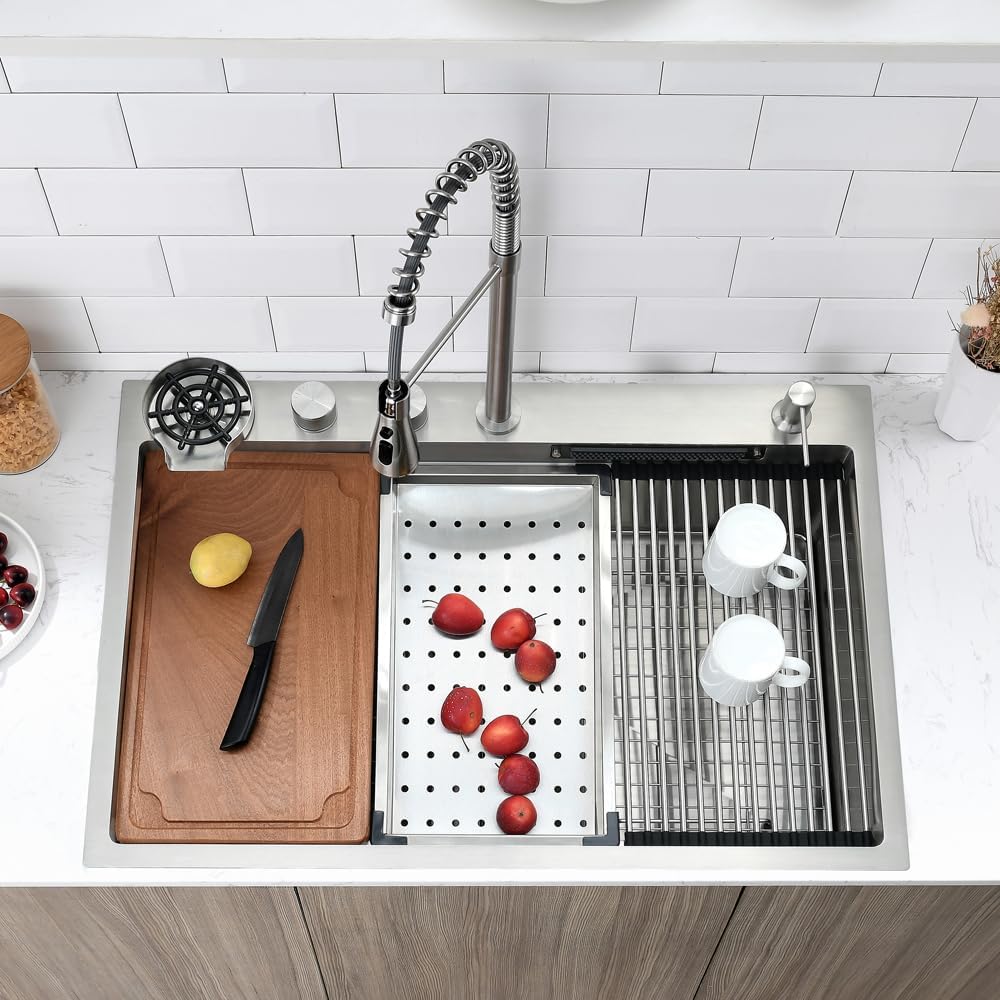 33 Inch Drop In Waterfall Kitchen Sink with Faucet Combo, 33x22 Drop In Kitchen Sink Workstation Stainless Steel Top Mount 16 Gauge Multifunction Deep Single Bowl Smart Sink Kitchen