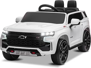 12V Ride on Car w/Remote Control, Licensed Chevrolet Tahoe Battery Powered Electric Vehicle for Kids, Off-Road Truck for Toddlers w/Spring Suspension, Smooth Start, 3 Speed Modes (White)