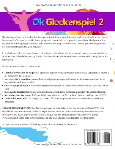 Ok Glockenspiel - Vol. 2: Método avanzado con técnicas de baquetas, alteraciones, dinámicas y actividades digitales online para escuela primaria. ... e instructores no músicos (Spanish Edition) - Image 2