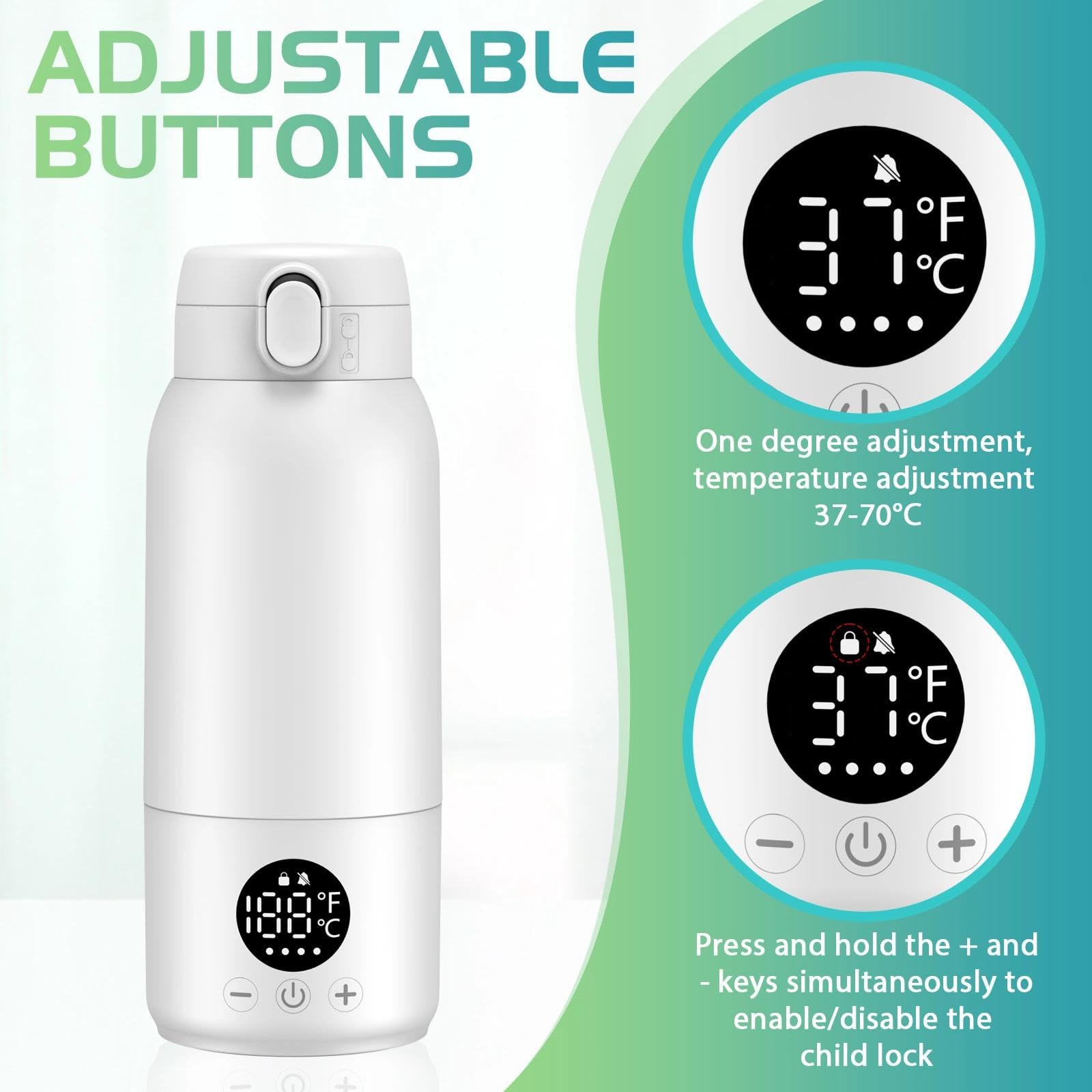 Scaldabiberon Portatile, 500ml Scalda Biberon Neonato, Riscaldamento Rapido e Lunga Durata della Batteria, Temperatura Regolabile 35 ℃-70 ℃, Scaldalatte per Neonati Ideale per Viaggi(Bianco)