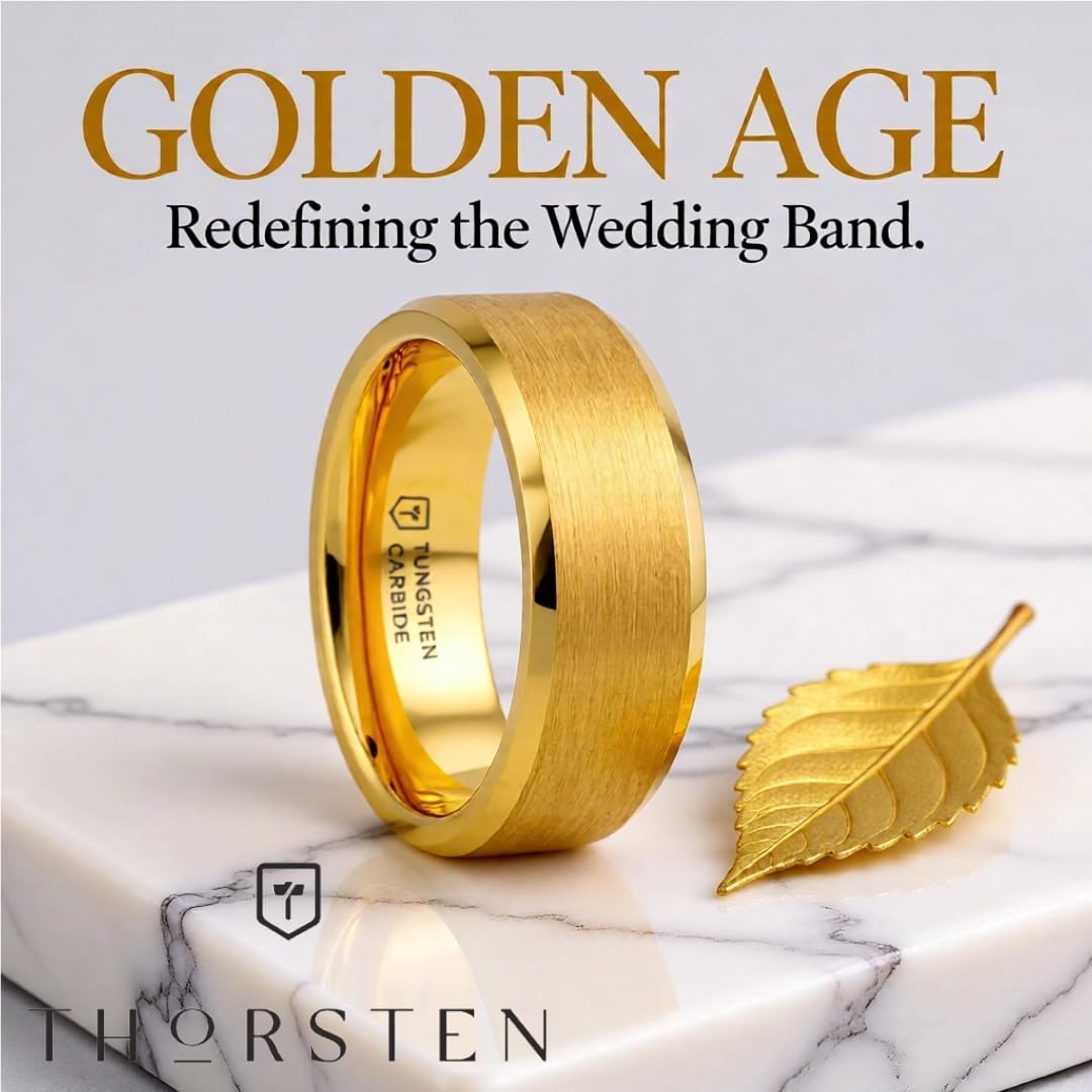 Roy Rose Jewelry Mens Tungsten Gold Plated Brushed Center Wedding Ring - Beveled Polished Edge Comfort Fit - 6mm 8mm Wide - Style name: HONOR