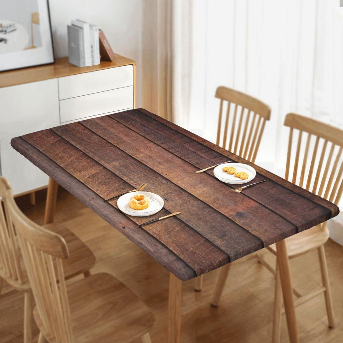 Picnic Table Cover for 6ft Table Aged Wooden Texture Elastic Fitted Tablecloths for Picnic Washable Wipeable Style56