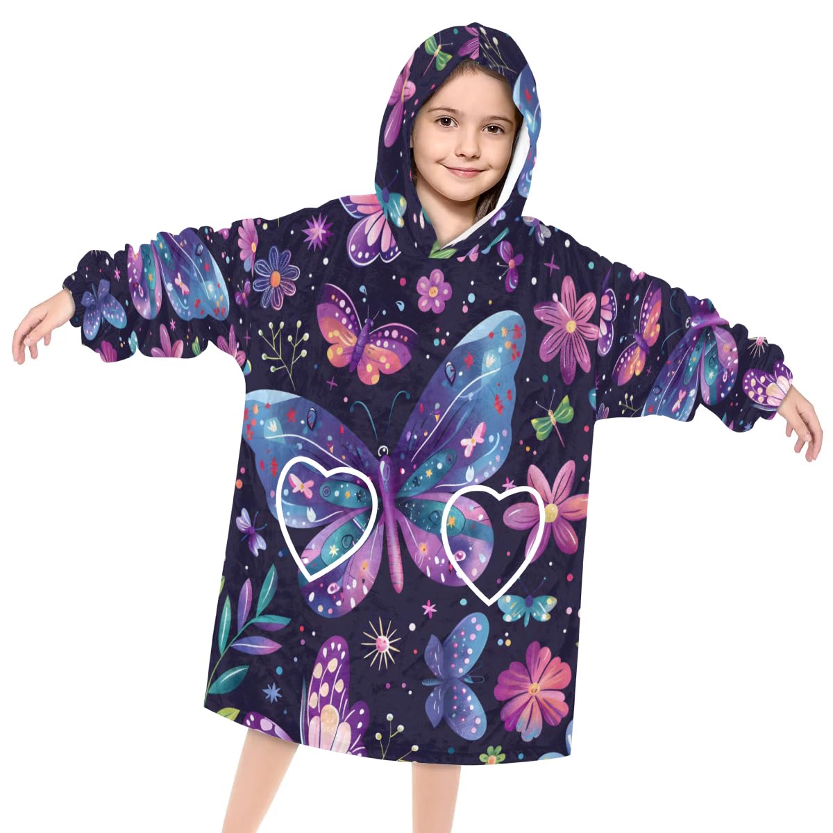 Wearable Blanket Hoodie for Kids, Vivid butterfly Fleece Sweatshirt Blanket Oversized Blanket Sweatshirt with Pocket Flannel Warm Hooded Blanket 6-10 Year Old Girl Boy Gift, One Size